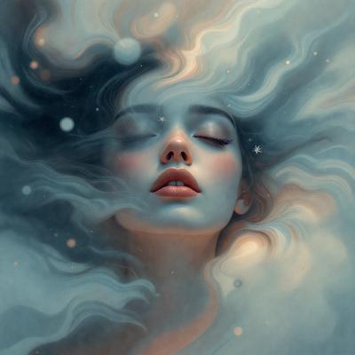 The primary subject of the image is a woman with long hair, who is lying down and appears to be sleeping. The setting is a cloudy sky, which serves as the backdrop for the scene. The visual style of the image is a digital art or illustration, with the woman's hair and the clouds being the main focus of the composition. The colors in the image are predominantly blue and white, creating a serene and peaceful atmosphere.